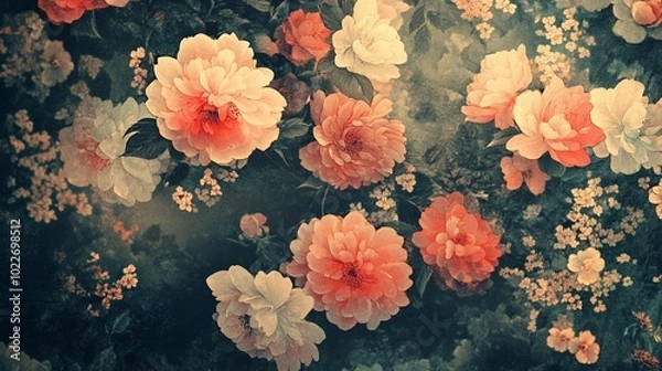 Fototapeta A lush arrangement of vibrant, blooming flowers in pastel shades, set against a dark, textured background, creating a striking visual contrast.