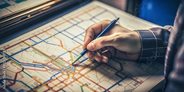 Fototapeta Close-up of a transportation engineer's hand sketching a mass transit network, including metro stations and bus routes.



