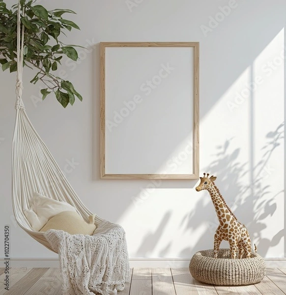 Obraz white wall in a children's room with a wooden frame mockup, Scandinavian-style interior design, cozy home decor, a hanging hammock, and a giraffe toy in the background