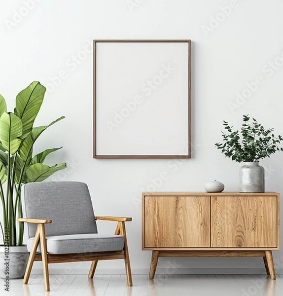 Fototapeta Modern interior design, a mockup poster frame on the wall with a wood sideboard and armchair, against a white background
