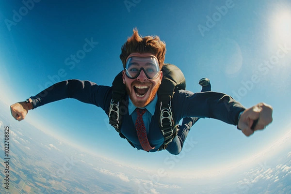 Obraz Man in a business suit skydiving with goggles and a parachute smiling confidently against a bright blue sky
