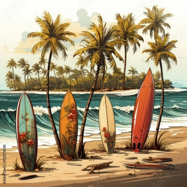 Fototapeta Tropical Paradise Cartoon with Palm Trees, Ocean Waves, and Sandy Beach