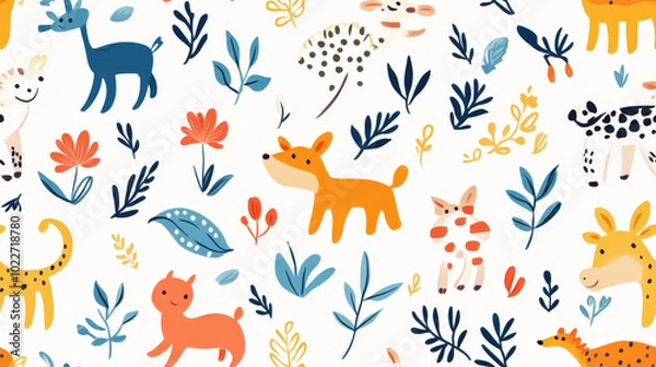 Obraz Seamless playful illustrations of colorful animals and plants