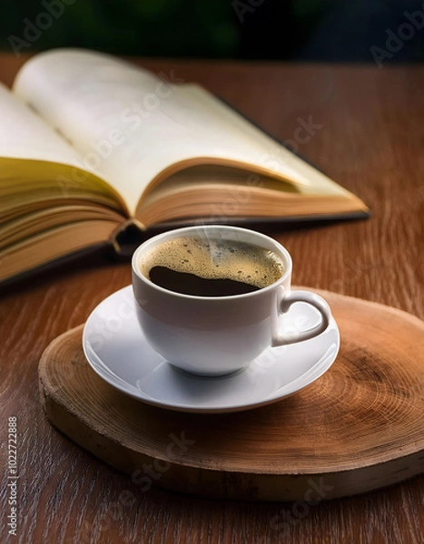 Fototapeta  A cup of coffee and an open book on a wooden table