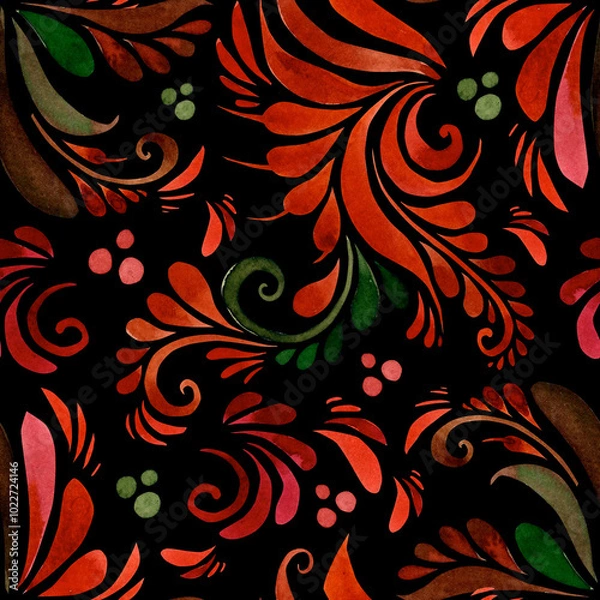 Obraz Folk style. Watercolor seamless pattern on a dark background. Textile, fabrics, wallpaper, wrapping paper, textures.