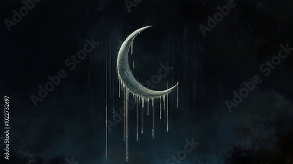 Obraz The scene shows only a crescent moon suspended in a deep, dark sky. From the moon, sharp, clear beams of light drip down like liquid, forming delicate strands that glow against the darkness. The minim
