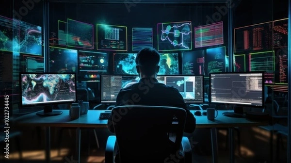 Fototapeta A person deeply engaged with numerous digital screens displaying vibrant, dynamic data, representing the cutting-edge world of technology.