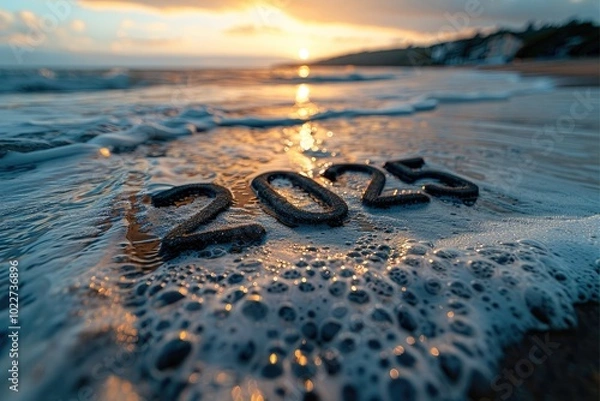 Fototapeta The numbers "2025" etched into smooth, wet sand on a beach, with gentle ocean waves approaching in the background. at sunset.