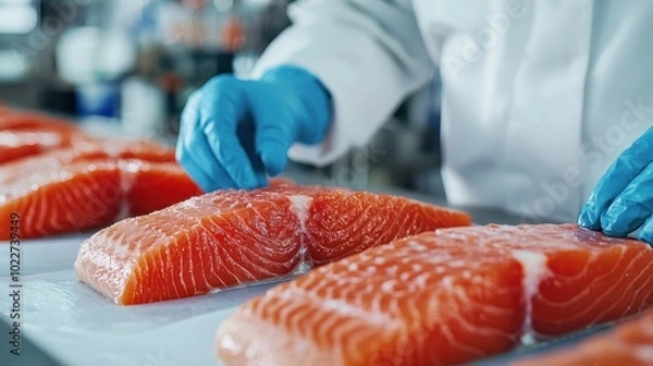 Fototapeta Close-up of Salmon Filets on a Conveyor Belt