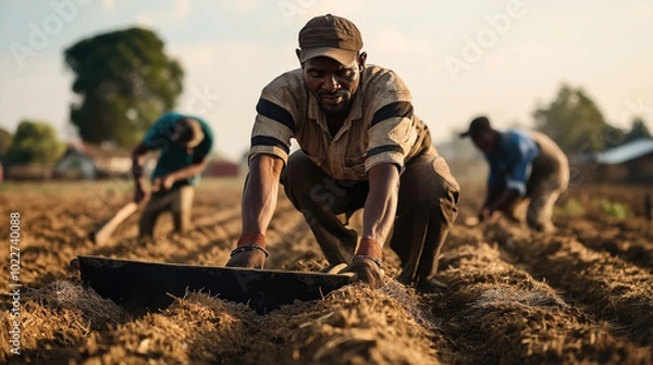 Fototapeta Group of men working in a field using farming tools in an agricultural scene during daytime with blurred trees in the background.