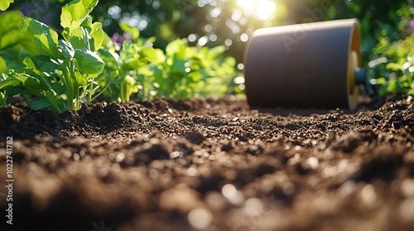Fototapeta A close-up of an electric garden roller flattening soil in a well-maintained garden, vibrant green plants surrounding the area, bright sunlight casting soft shadows,