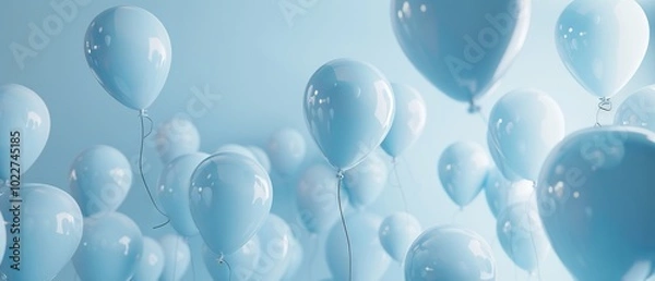 Fototapeta Multiple blue air balloons floating gracefully in a minimalist blue studio, celebrating happiness and joy with pastel-colored 3D render