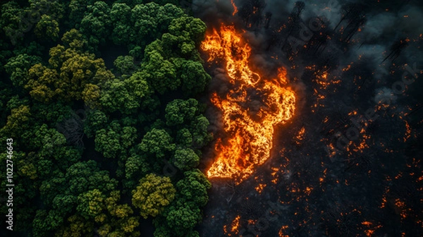 Obraz Aerial view of a forest half on fire. Deforestation