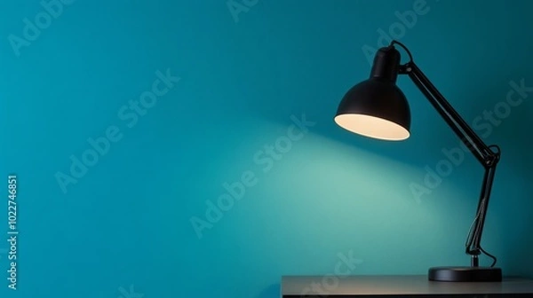 Fototapeta A black desk lamp casts a warm glow on a blue wall, creating a minimalist and calming atmosphere with subtle lighting contrasts.