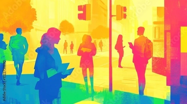 Fototapeta A colorful urban scene depicting people waiting at a crosswalk.