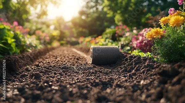 Fototapeta A high-tech electric garden roller compacting soil in a landscaped garden, freshly turned soil being compressed into neat rows, bright flowers and plants on the side,