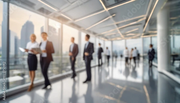 Fototapeta Modern business professionals collaborating in a high-rise office with a city view during late afternoon hours