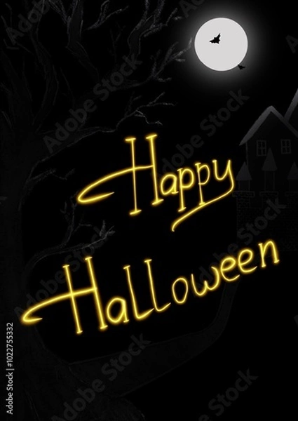 Fototapeta A black illustration with visible white outlines of tree branches, the roof of a house and a brightly glowing full moon with two bats and the inscription in the center reads "Happy Halloween."