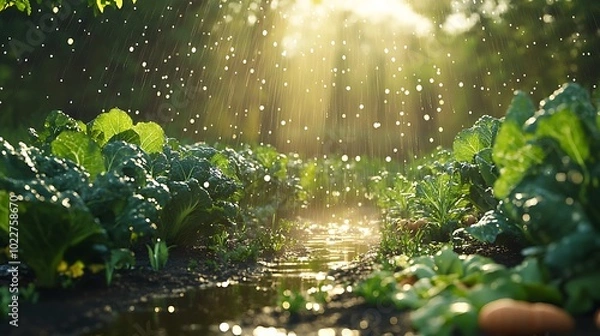 Fototapeta A modern garden with automated water sprinklers irrigating rows of vegetable plants, straight lines of green cabbages and carrots, small puddles forming,