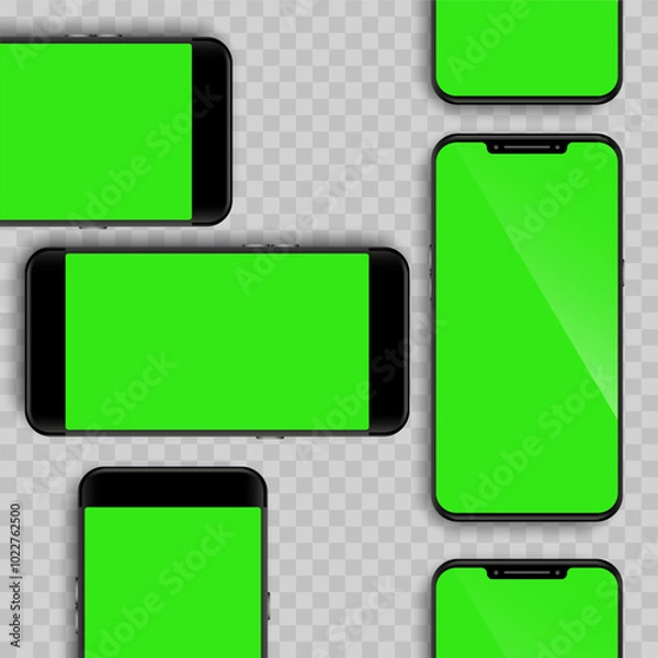 Fototapeta Mobile phone mockup with green screen in different positions. ENP 10. Vector graphics. Design for technology, website, advertising display