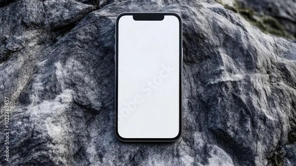 Fototapeta Smartphone with blank screen on textured rock surface, perfect for digital and advertising mockups