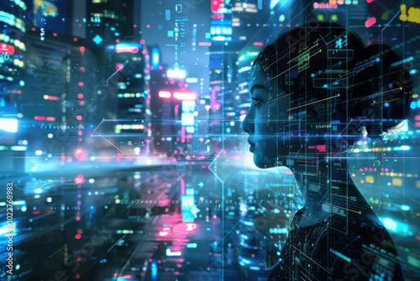 Fototapeta close up horizontal illustration of a futuristic cybernetic virtual reality with a young girl immersed in it