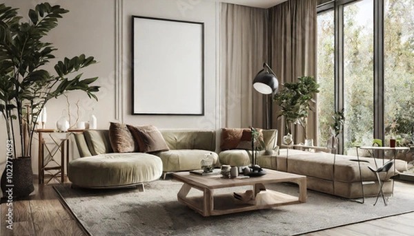Fototapeta Cozy contemporary living room with large windows overlooking a green landscape and stylish furnishings in soft earth tones