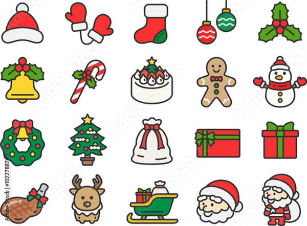 Fototapeta いろいろな、クリスマスのアイコン（線画カラー）のイラストセット