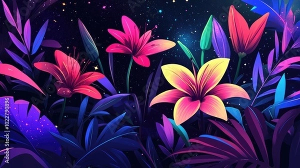 Fototapeta Beautiful Layout Design Of Lily Flower Plants Nebula Colors Space And Astronomy Theme Fabric Textile Printing Colors Colorful Galaxy With Lily Flowers
