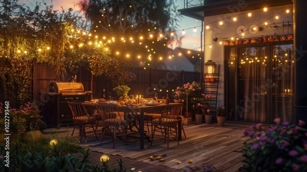 Obraz Cozy evening patio with string lights, wooden table set for dining, surrounded by vibrant flowers in a tranquil backyard.