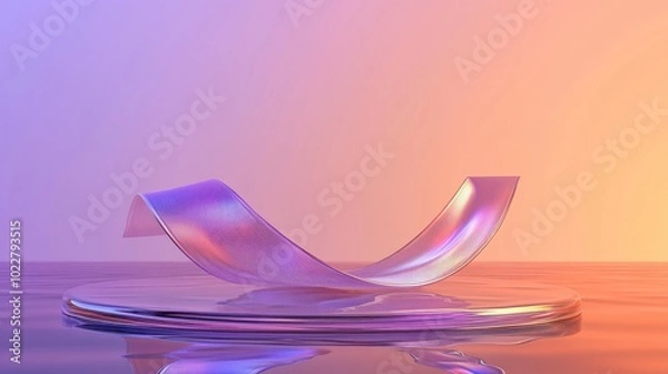 Fototapeta 3D rendering of a circular podium featuring a glass wavy ribbon on water Abstract geometric backdrop in vibrant purple and orange hues Contemporary platform mock up for promotional banners and pro