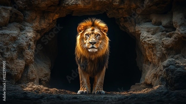 Fototapeta A majestic lion stands at the entrance of a cave, its piercing gaze directed at the viewer, with a dramatic lighting effect.