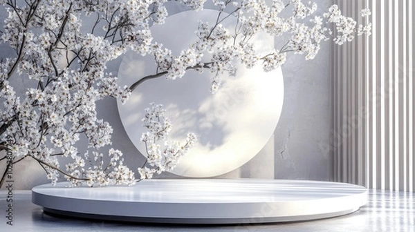 Fototapeta 3D podium with a white cherry blossom backdrop featuring a Japanese aesthetic for product branding presentations 3D rendered illustration
