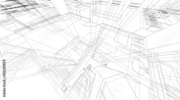 Obraz Abstract 3D rendering of building wireframe structure.