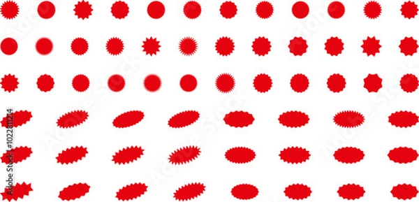 Fototapeta Starburst red sticker set - collection of special offer sale round and oval sunburst labels and buttons isolated on white background. Promo stickers with star edges. Vector