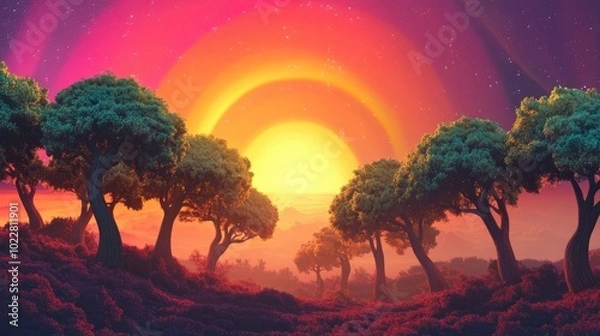 Fototapeta 3D illustration of a fantastical landscape featuring trees in the foreground set within a vibrant colorful atmosphere