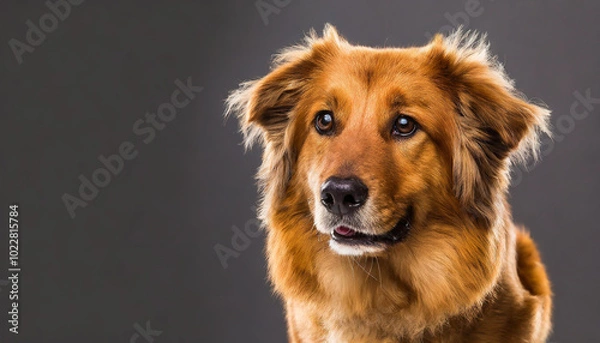 Fototapeta A golden retriever mix with fluffy fur gazes attentively against a dark background, showcasing a moment of calm and connection