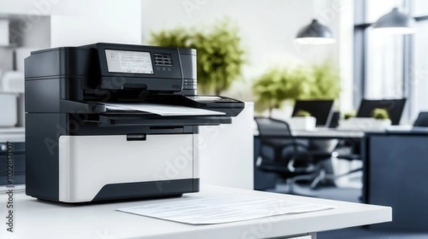 Obraz High-tech printer on a desk in a modern office, surrounded by documents and office equipment, with a bright, airy background featuring plants and workstations.