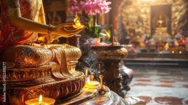 Fototapeta Tranquil Buddhist Sanctuary with Candles and Flowers