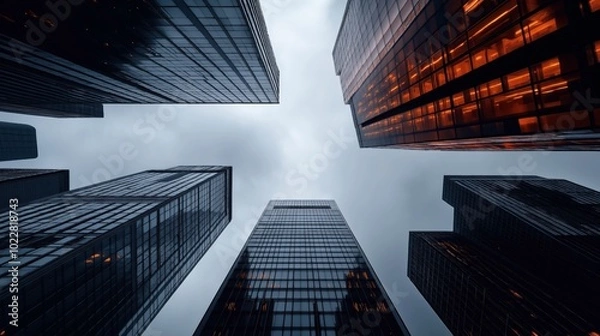 Fototapeta Skyward view of modern skyscrapers with glass facades against a cloudy sky, featuring reflections and warm interior lights visible through windows.