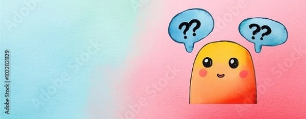 Obraz A cute, colorful character with a questioning expression, surrounded by pastel colors and speech bubbles featuring question marks.