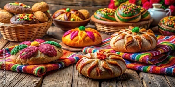 Fototapeta Traditional Mexican Bread with Colorful Decorations on a Rustic Wooden Table Ready for Enjoyment