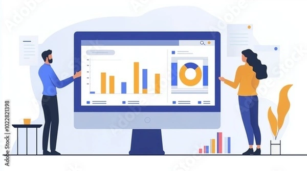 Fototapeta A business owner and marketer collaborating on report My Business listing update with SEO graphs and analytics
