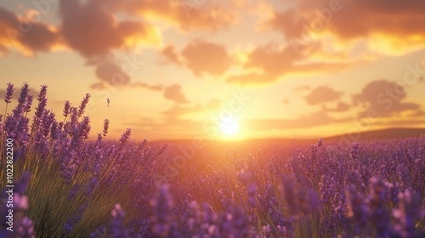 Fototapeta Realistic 3D wallpaper of a serene lavender field at sunset, with warm lighting and a gentle breeze in the air. No logos or people.