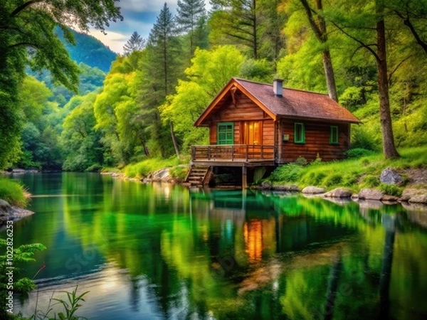 Obraz Tranquil River Cabin Surrounded by Lush Greenery and Serene Water in a Picturesque Landscape