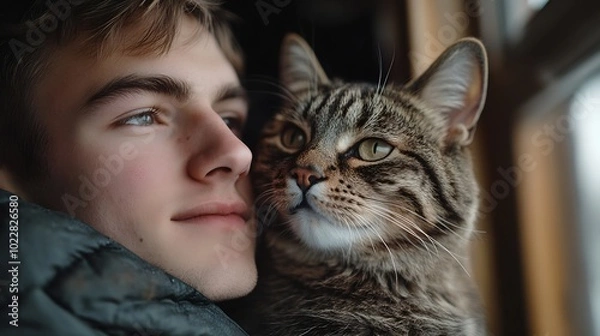 Obraz Young man with his cat on a visit to the veterinarian : Generative AI