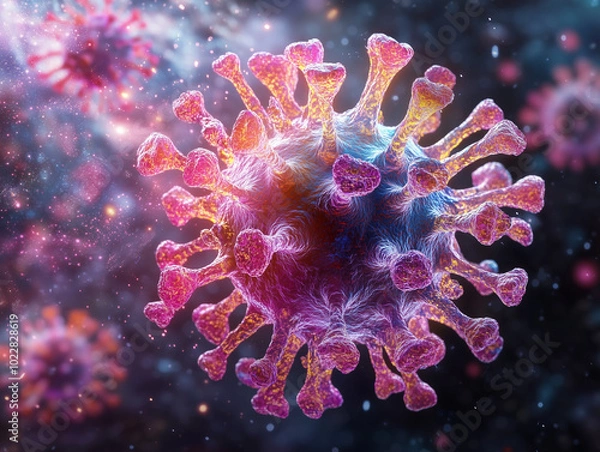 Fototapeta Close-up 3D image of a spiked virus particle.