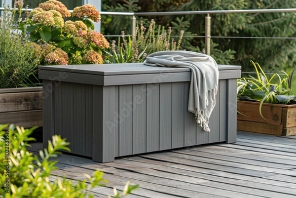 Fototapeta Gray outdoor storage box with a blanket on a deck surrounded by greenery