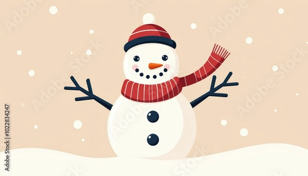 Fototapeta Snowman with Red Scarf and Hat in Snowy Cartoon Scene