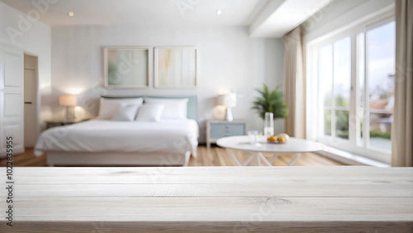 Fototapeta Empty white table top blurred of modern bedroom background